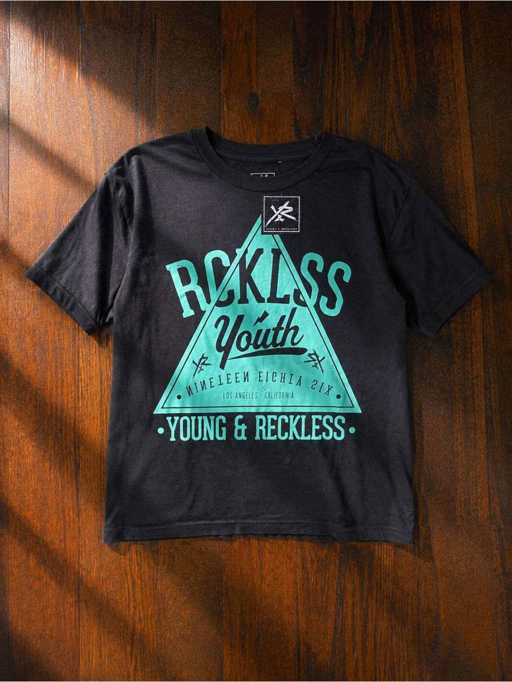 Young & Reckless Black Tee with Teal Triangle Graphic